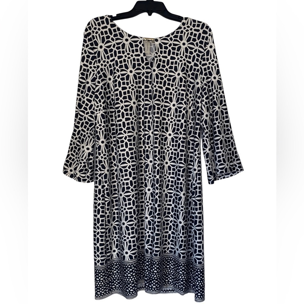 Tacera Women’s Midi Dress Plus Size 2X Black & White Abstract Notched V-…